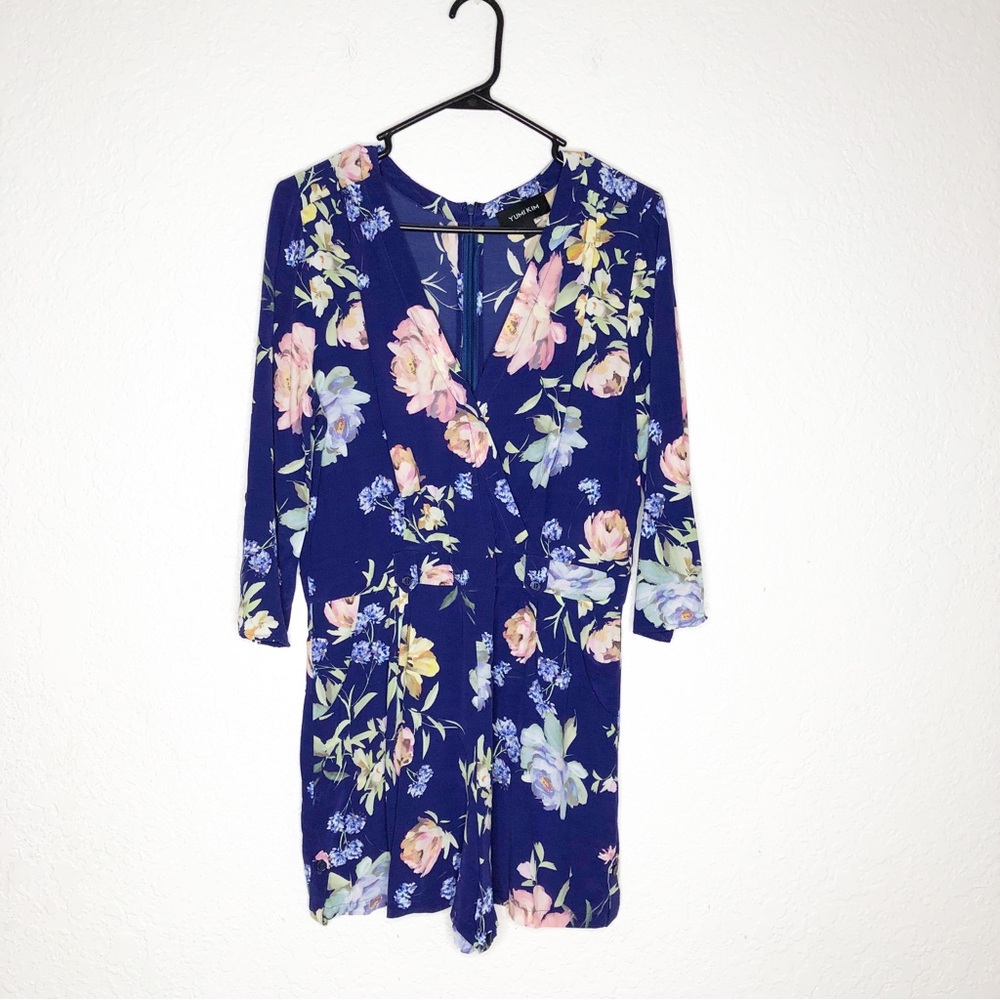 Yumi Kim Solstice Navy Liz blue pink floral wrap front romper size Large